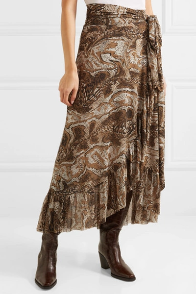 Shop Ganni Ruffled Printed Stretch-mesh Wrap Skirt In Brown