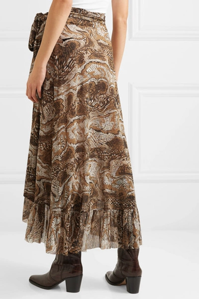 Shop Ganni Ruffled Printed Stretch-mesh Wrap Skirt In Brown