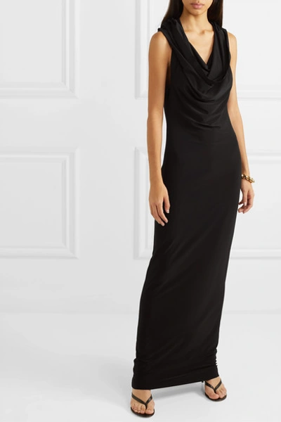 Shop Norma Kamali Neeta Hooded Draped Stretch-jersey Maxi Dress In Black