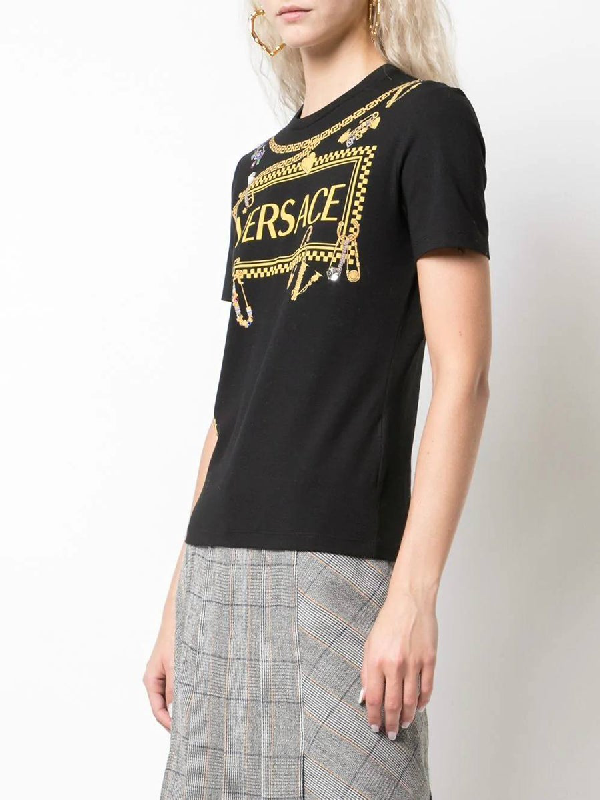Versace Black Women's Jeweled Pins Graphic Tshirt In Black ,gold