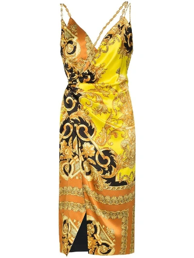 Shop Versace Chain Baroque Print Dress In Yellow