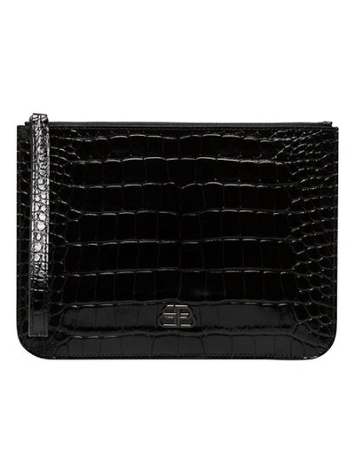 Shop Balenciaga Bb Croc-embossed Clutch In Black