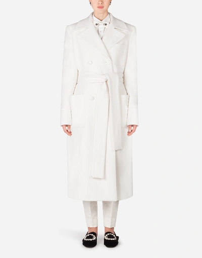 Shop Dolce & Gabbana Double-breasted Woolen Belted Coat In White