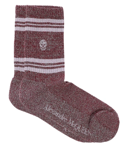 Shop Alexander Mcqueen Skull Striped Socks In Red