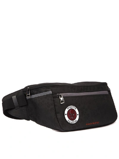 Shop Alexander Mcqueen Black Nylon Belt Bag With Logo Patch In Black/burgundy