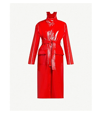 Shop Balenciaga High-collar Belted Vinyl Coat In Masai Red