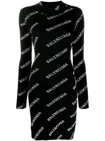 Shop Balenciaga All-over Logo Mini Dress Black