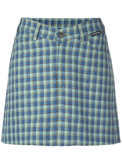 Shop Balenciaga V-shaped Waist Checked Skirt In Blue