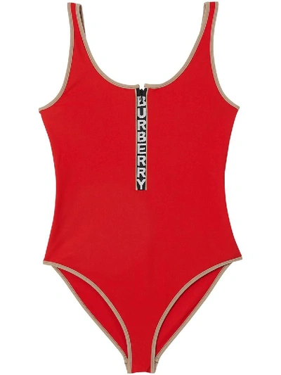 Shop Burberry Logo Detail Zip-front Swimsuit In Red