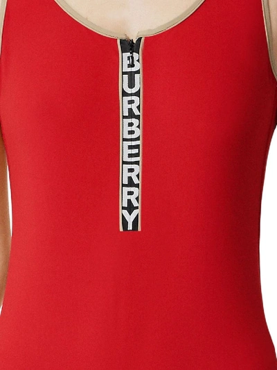 Shop Burberry Logo Detail Zip-front Swimsuit In Red