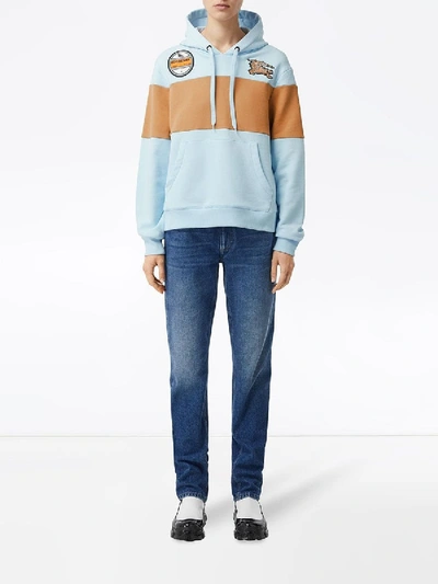 Shop Burberry Logo Graphic Panelled Cotton Oversized Hoodie In Blue