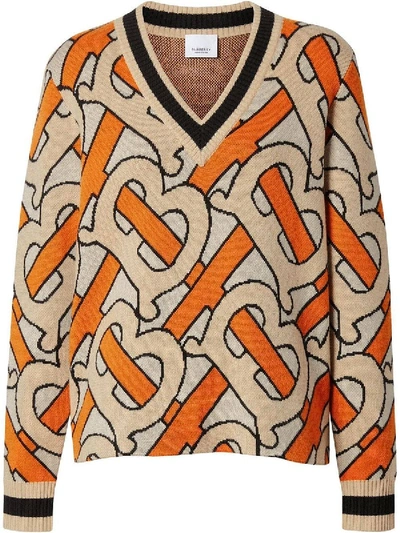 Shop Burberry Monogram Intarsia Wool V-neck Sweater In Multicolor