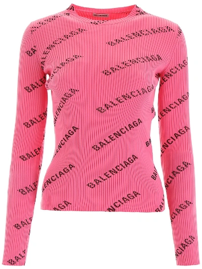 Shop Balenciaga Ribbed All-over Logo Print Top Pink