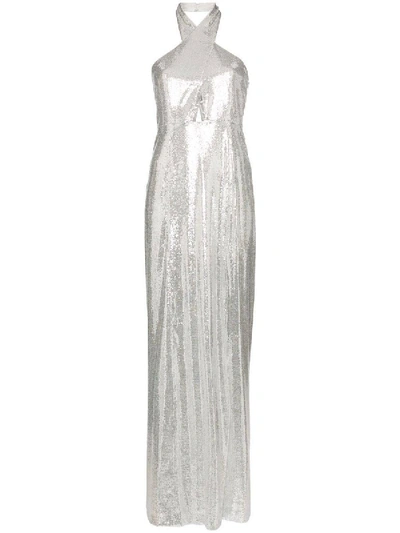 Shop Galvan Silver Sequin Halter Maxi Dress