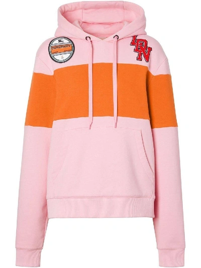 Shop Burberry Pink Panelled Logo Graphic Hoodie