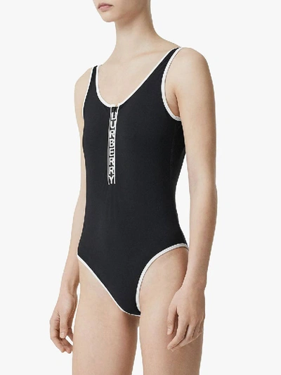 Shop Burberry Black And White Logo Zipper Swimsuit