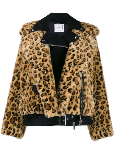 Shop Sacai Faux Fur Leopard Print Jacket