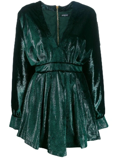 Shop Balmain Velvety Metallic Dress Green