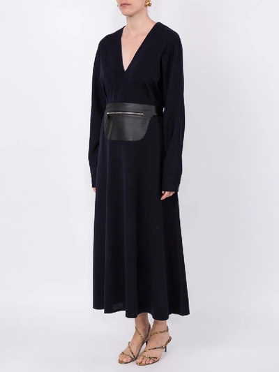Shop Lanvin Long Wool Dress With Leather Belt In Blue