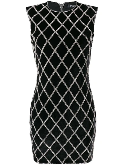 Shop Balmain Crystal Embellished Diamond Pattern Mini Dress