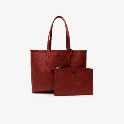 Shop Lacoste Women's Anna Reversible Jacquard Pattern Coated Canvas Tote Bag In Red Dahlia Chili Oil