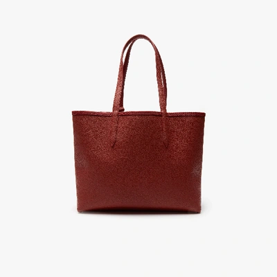 Shop Lacoste Women's Anna Reversible Jacquard Pattern Coated Canvas Tote Bag In Red Dahlia Chili Oil