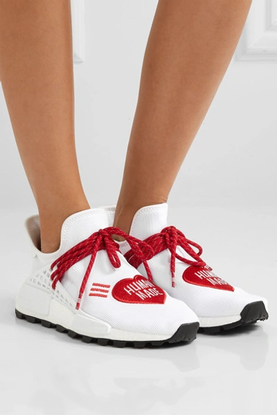 Shop Adidas Originals + Pharrell Williams + Human Made Nmd Hu Appliquéd Stretch-knit Sneakers In White