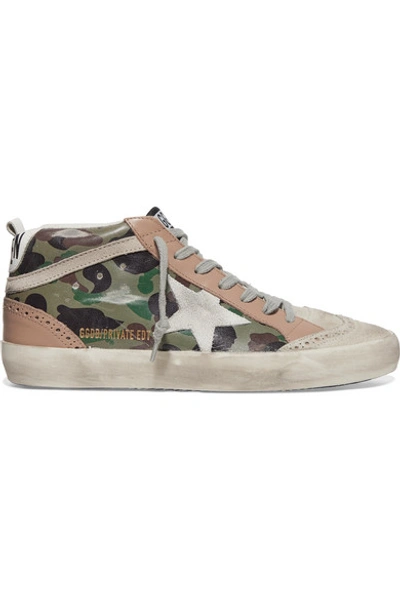 Shop Golden Goose Mid Star Distressed Camouflage-print Leather And Suede Sneakers In Army Green