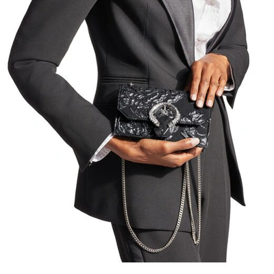 Shop Jimmy Choo Paris Black Brocade Top Handle Bag With Crystal Buckle In Black/steel