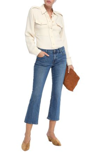 Shop J Brand Selena Frayed Faded Mid-rise Kick-flare Jeans In Mid Denim