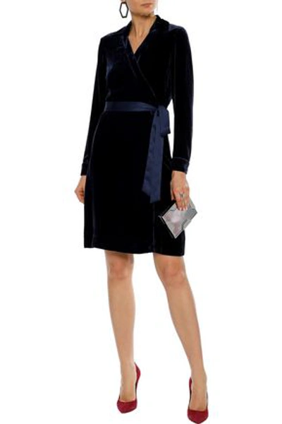 Shop Diane Von Furstenberg Tanya Satin-trimmed Velvet Mini Wrap Dress In Navy