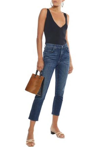 Shop J Brand Ruby Cropped Faded High-rise Slim-leg Jeans In Dark Denim