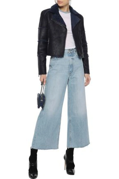 Shop J Brand Aiah Cropped Washed-shearling Biker Jacket In Midnight Blue