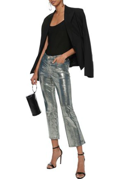 Shop J Brand Selena Metallic Snake-print Leather Kick-flare Pants In Gunmetal