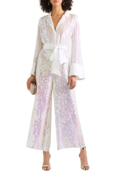 Shop Temperley London Bia Belted Iridescent Sequined Georgette Jumpsuit In White