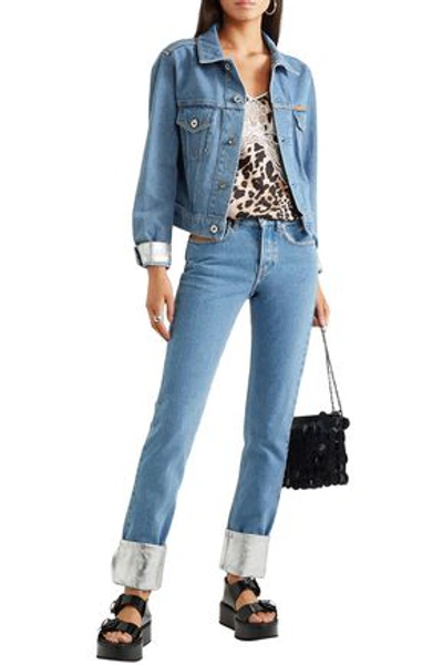 Shop Paco Rabanne Cropped Metallic-trimmed Denim Jacket In Light Denim