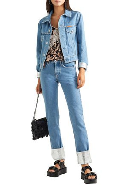 Shop Paco Rabanne Two-tone High-rise Straight-leg Jeans In Mid Denim