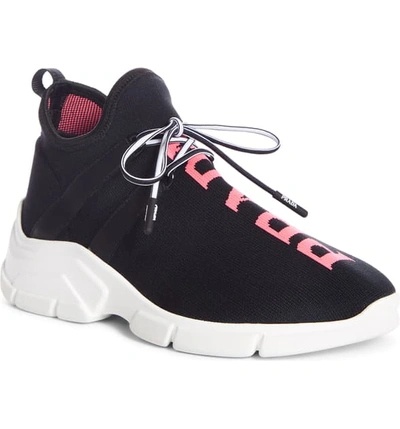 Shop Prada Xy Logo Sock Sneaker In Black/ Pink