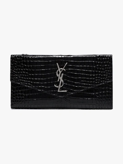 Shop Saint Laurent Black Logo Mock Croc Leather Wallet