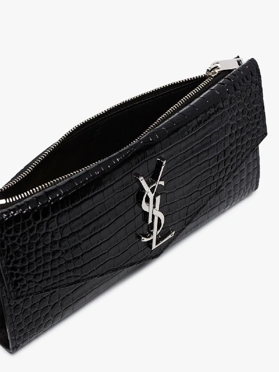 Shop Saint Laurent Black Logo Mock Croc Leather Wallet