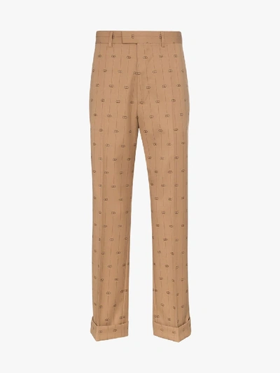 Shop Gucci Tailored Logo Trousers In Brown