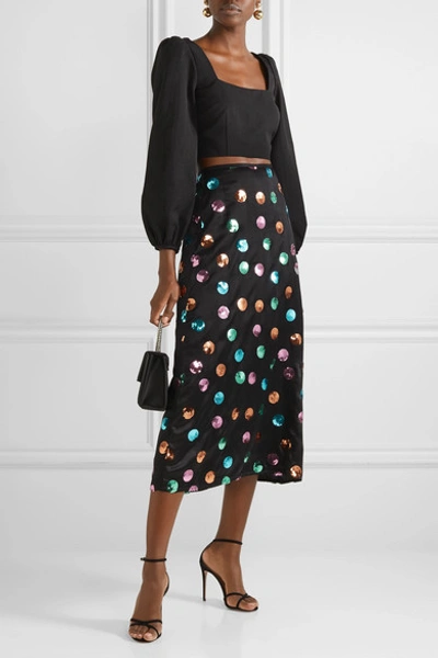Shop Rixo London Kelly Sequin-embellished Silk And Tencel-blend Satin Midi Skirt In Black