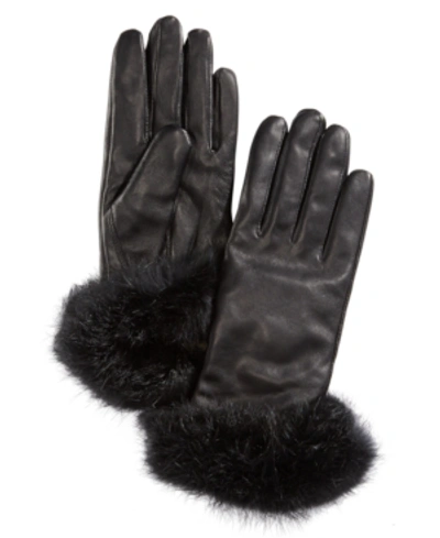 Shop Surell Leather Gloves With Rabbit Fur Cuff In Black/black