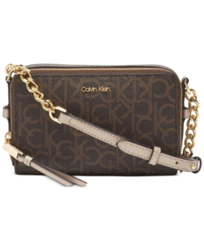 Shop Calvin Klein Marybelle Signature Crossbody In Brown Khaki/metallic Taupe