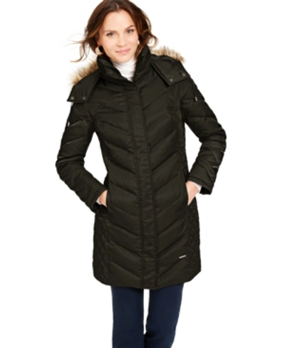 Shop Kenneth Cole Faux-fur-trim Hooded Down Puffer Coat In Olive