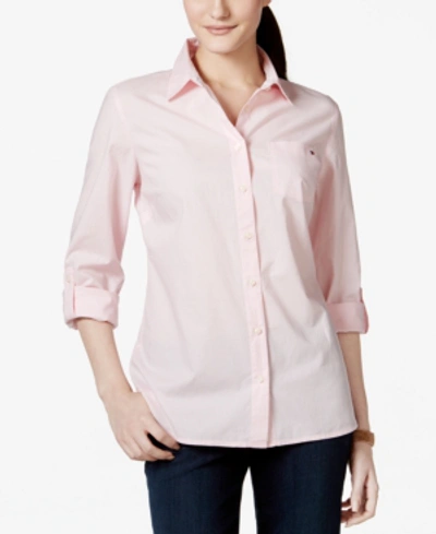 Shop Tommy Hilfiger Women's Cotton Roll-tab Button-up Shirt In Ballerina Pink
