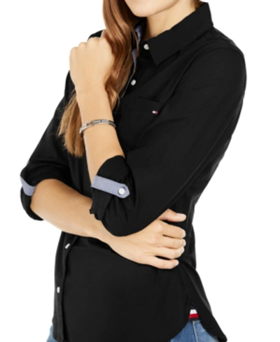 Shop Tommy Hilfiger Women's Cotton Roll-tab Button-up Shirt In Black