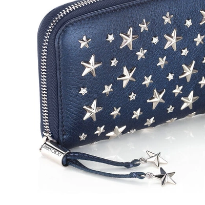 Shop Jimmy Choo Filipa Navy Pearlised Deerskin Wallet With Crystal Stars