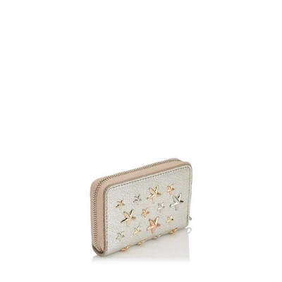 Shop Jimmy Choo Nellie Champagne Glitter Leather With Multi Metal Rose Gold Stars Coin Purse In Champagne/rose Gold Metallic Mix