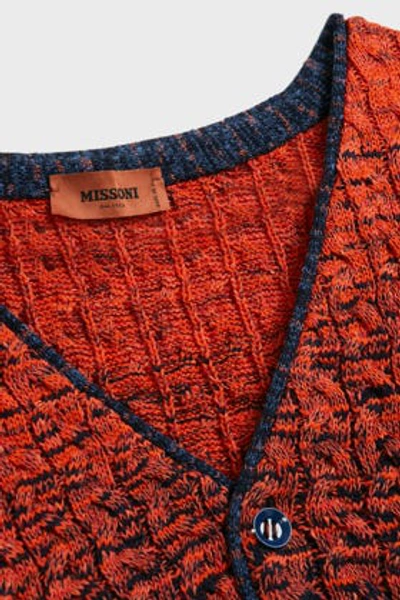 Shop Missoni Cable-knit Cotton-blend Cardigan In Tomato-red And Navy